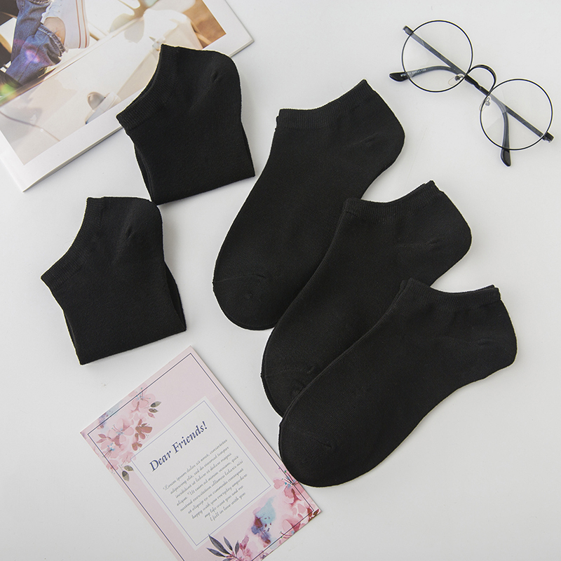 10 Pairs of Women's Short Socks, Black Low-Cut Cotton Socks, Korean Style Solid Color Women's Low-Waist Socks, Thin Boat Socks for Spring and Summer, Suitable for All Seasons