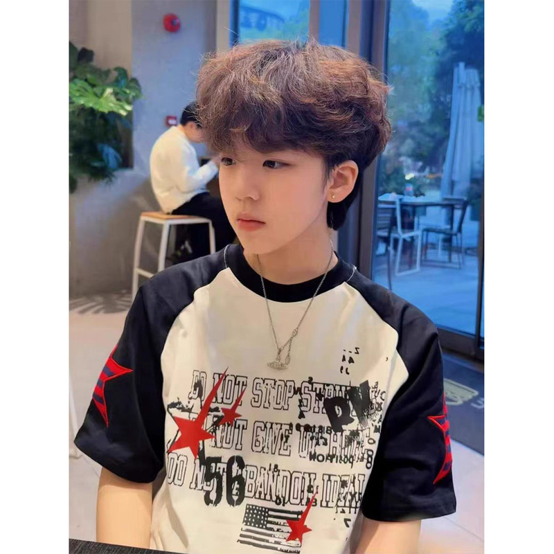 American-Style Heavyweight Pure Cotton Star Letter Color-Block Short-Sleeve T-Shirt for Men, Summer Youth Half-Sleeve Top for Middle School Students