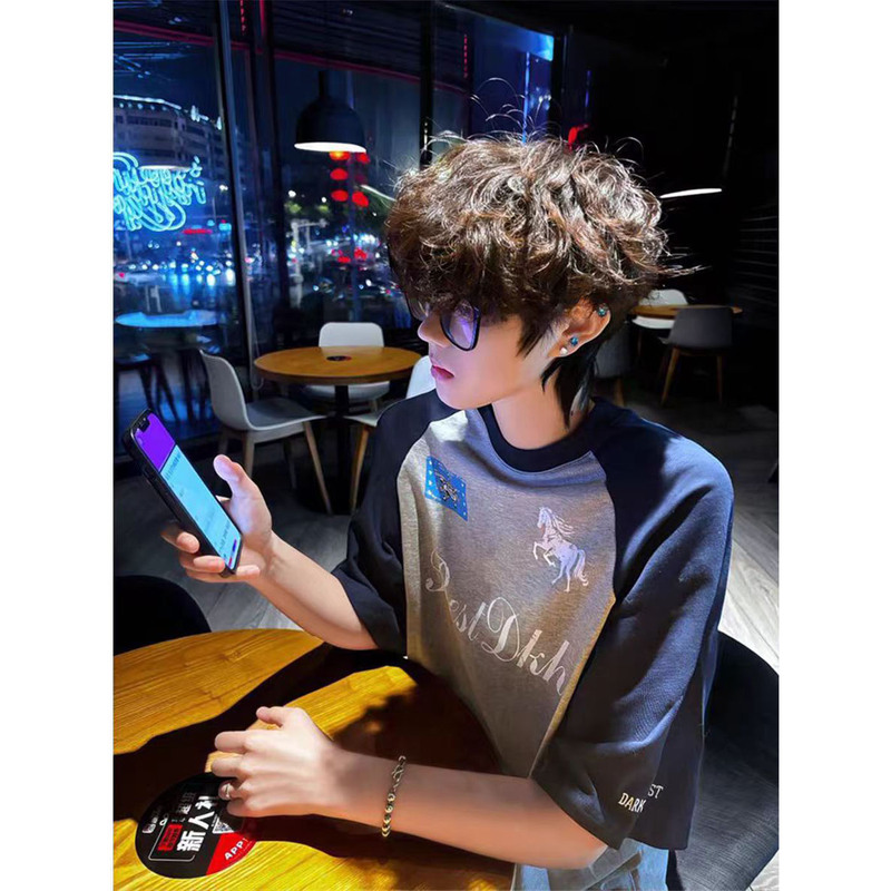 American-Style National Trend Brand Color-Blocked Pure Cotton Short-Sleeve T-Shirt for Men, 2026 Summer High Street Youth Student Loose Top American-Style National Trend Brand Color-Blocked Pure Cotton Short-Sleeve T-Shirt for Men, 2026 Summer High Street Youth Student Loose Top