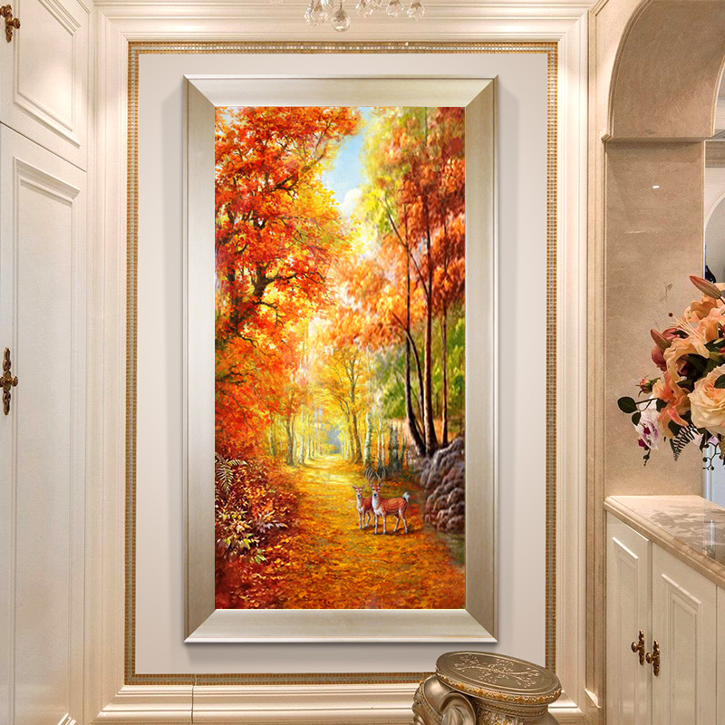 Pure Hand Painted Eurostyle Landscape Oil Painting Genguan Decoration Painting Vertical Version Corridor Aisle Gold Boulevard Small Deer Custom Hanging Painting