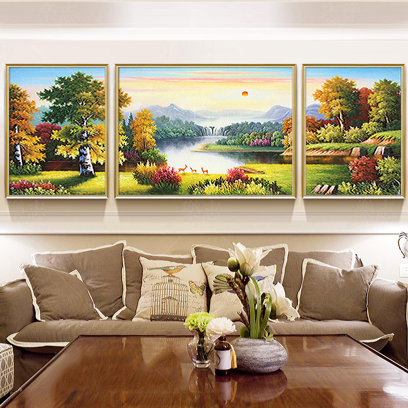 Hand Painted Eurostyle Landscape Landscape Oil Painting Decoration Living Room Sofa Background Wall Triple Hang Painting Foe Deer Polypo Basin Mural Painting