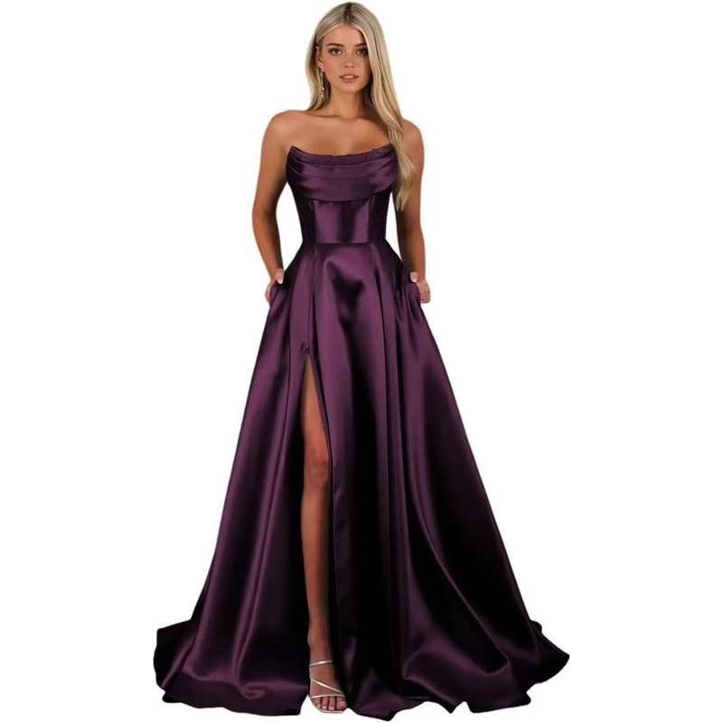 Satin Purple Evening Dress European and American Style Bridesmaid Ball Gown with Shoulder Straps and Back Tie Party Banquet Long Dress Satin Purple Evening Dress European and American Style Bridesmaid Ball Gown with Shoulder Straps and Back Tie Party Banquet Long Dress