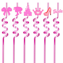Cross-border Pink Barbie Princess Party Straws Reusable Childrens Cartoon Plastic Curved Straws