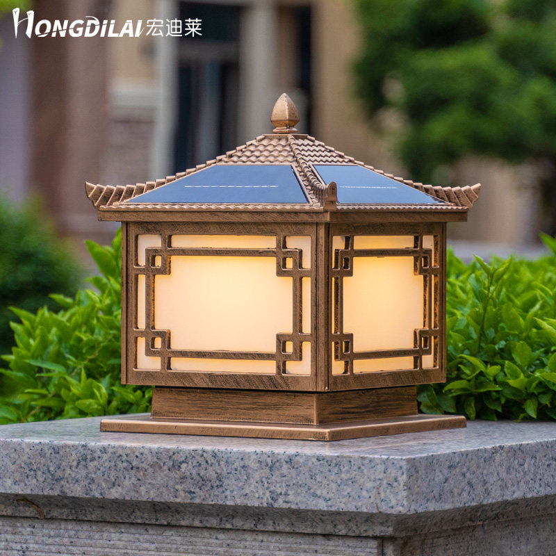 新中式翘角窗花太阳能灯柱头灯门柱家用室外户外庭院大门围墙头灯