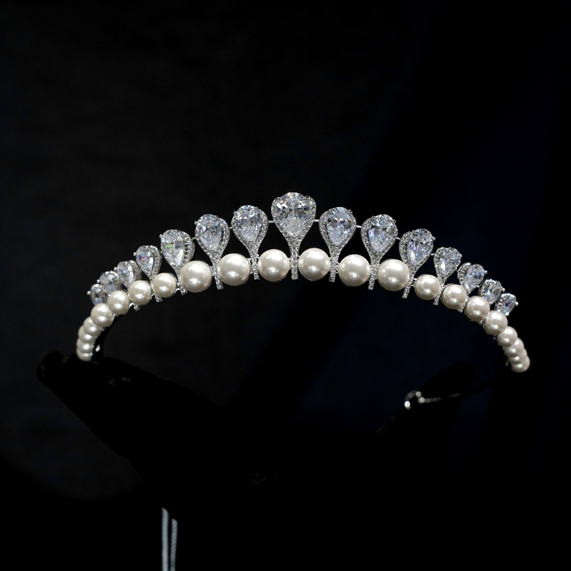 Ete New Zircon Pearl Bridal Satin Veil Crown Headpiece 17942