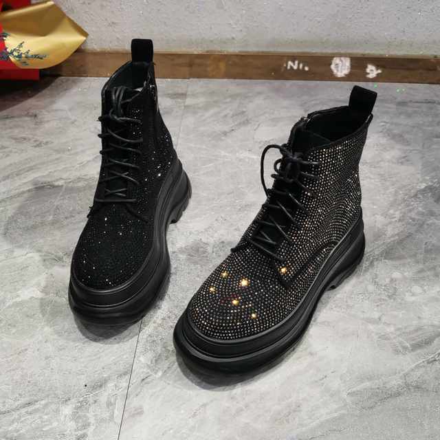 European station 2022 autumn and winter new rhinestone full diamond lace-up high-top shoes thick-soled platform bottom short boots net red women's shoes