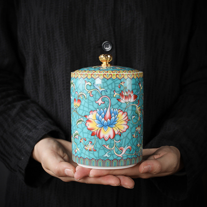 Chinese tea canister ceramic sealed storage tank Puyu tea leaf collection box household enamel tea storage tea cans