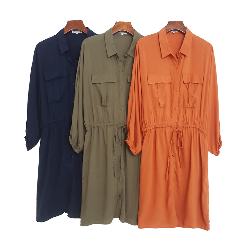 Foreign Trade Spring and Summer Single-Breasted Long-Sleeved Cotton Silk Shirt Dress for Women, Elegant Tie-Up Slimming Casual Dress, Skin-Friendly and Breathable