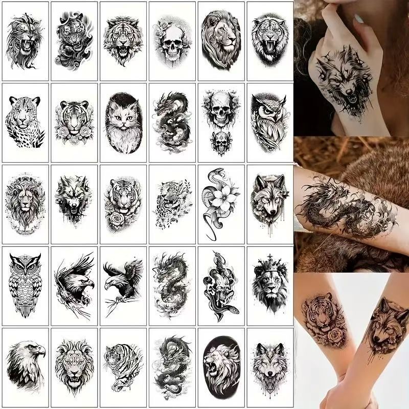 Waterproof Tattoo Stickers for Men and Women, Fierce Beasts, Dragons, Tigers, Eagles, Wolves, Dark and Domineering, Waterproof, Long-Lasting, Realistic Arm Stickers for Men and Women