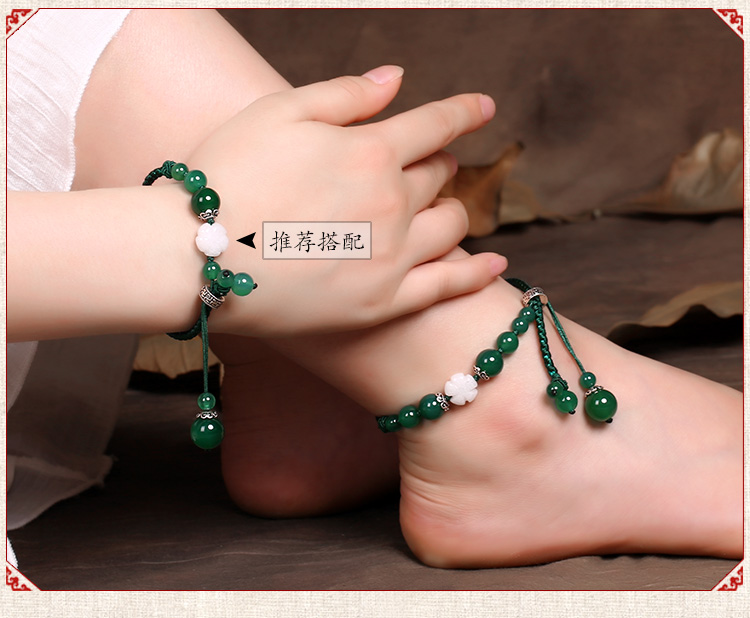 Cánh đồng hoa 厝 dây retro dệt vòng chân nữ xanh mã não đơn giản chân mùa hè gió quốc gia 925 trang trí bạc thời trang lắc chân nữ bạch kim