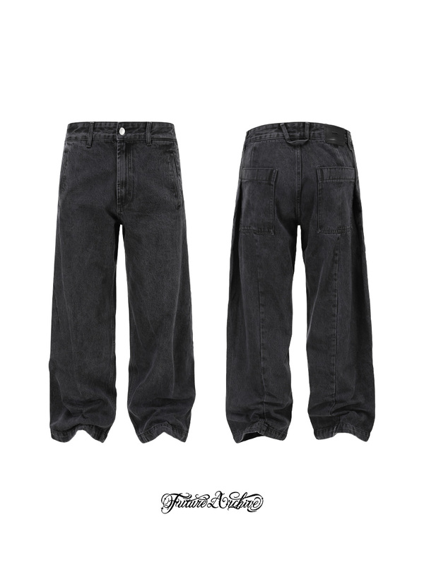 [Clearance] Solidhomme Black Side Ruched Baggy Denim Pants Straight-Leg Loose Fit