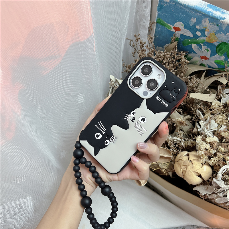 Braccialetto con perline a forma di gatto con cartoni animati, adatto per iPhone 14 Promax, custodia per telefono 15 Plus, custodia in silicone elastica appesa_voghion.com
