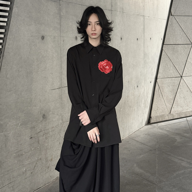 Blackpoet Rose Floral Embroidered Long-Sleeved Cotton Shirt, Unisex, Spring & Fall Loose Casual Shirt