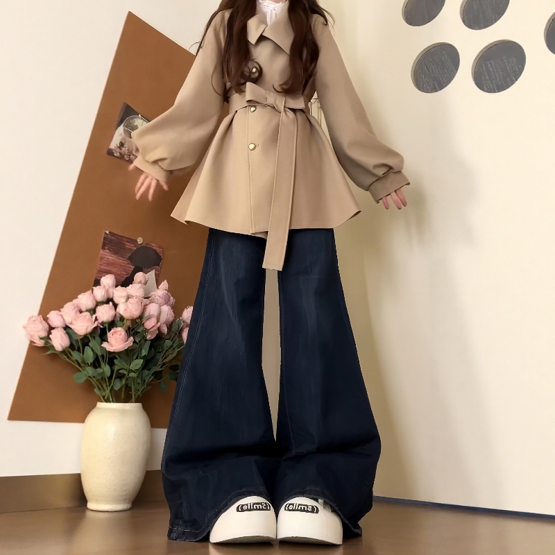 2026 Autumn New Lace-Up Waist-Tightening Trench Coat for Women, High-End Versatile Puff Sleeve Stylish Lapel Coat