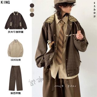 春秋日系复古穿搭整套格子外套男女生学院风拼接刺绣宽松休闲夹克