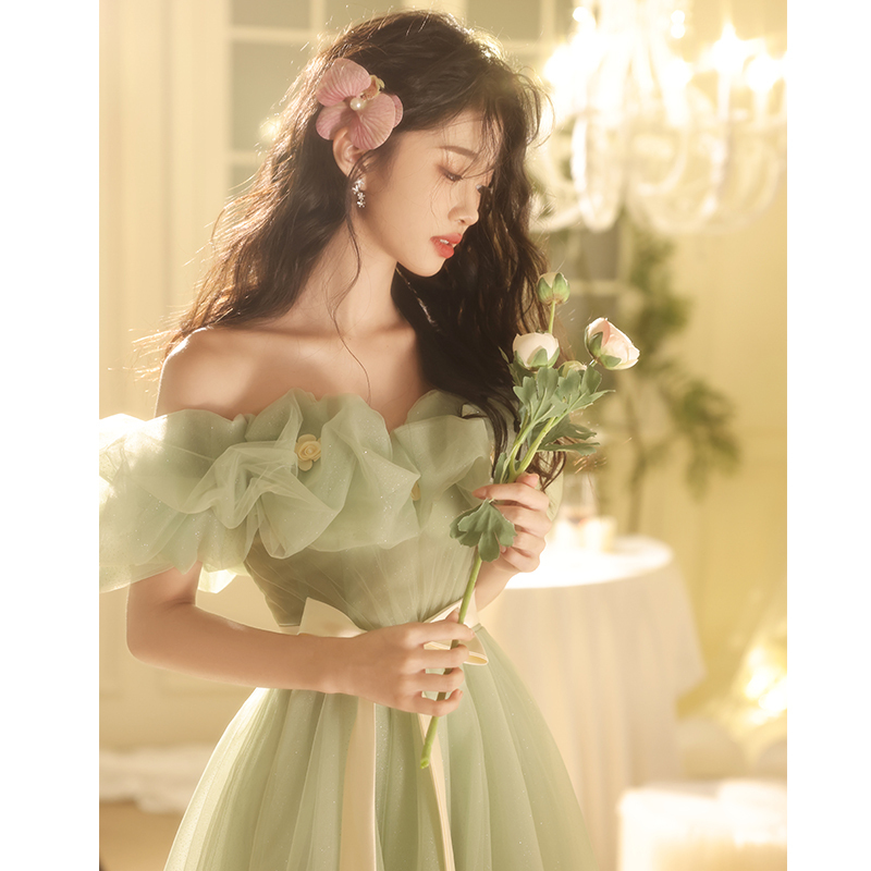 One-Shoulder Evening Dress, High-End Light Luxury, Niche and Elegant, Suitable for Hostess, Annual Meeting, Student Art Exam Performance, Green