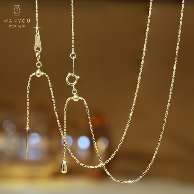【Wanyou Jewelry】Japanese 18K Gold Bamboo Knot Flash Bead Necklace ins Wind Needle Style Pull Chain Adjustable Plain Gold Chain 【Wanyou Jewelry】Japanese 18K Gold Bamboo Knot Flash Bead Necklace ins Wind Needle Style Pull Chain Adjustable Plain Gold Chain
