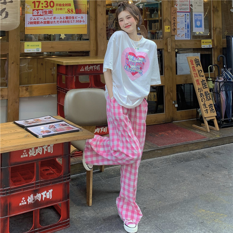 Petite Dopamine Outfit: a Complete Casual Plaid Wide-Leg Pants Set for Women, Summer Pink Sweet Girl Top with Short Sleeves Petite Dopamine Outfit: a Complete Casual Plaid Wide-Leg Pants Set for Women, Summer Pink Sweet Girl Top with Short Sleeves