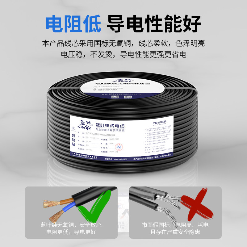 National Standard Pure Copper Core Wire and Cable Rvv 2-Core 0.5 0.75 1 1.5 2.5 4 6 Square 2-Core Power Cord