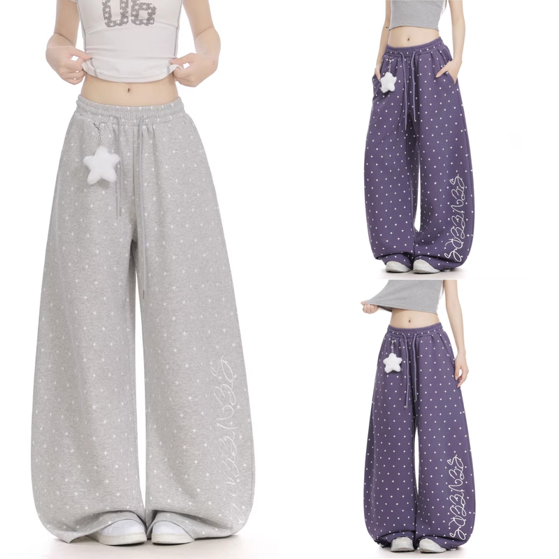 American-Style Star-Print Wide-Leg Sweatpants for Men and Women, Summer Loose-Fitting Dance, Sports, Fitness, Lazy Style, Drapey Scimitar Pants