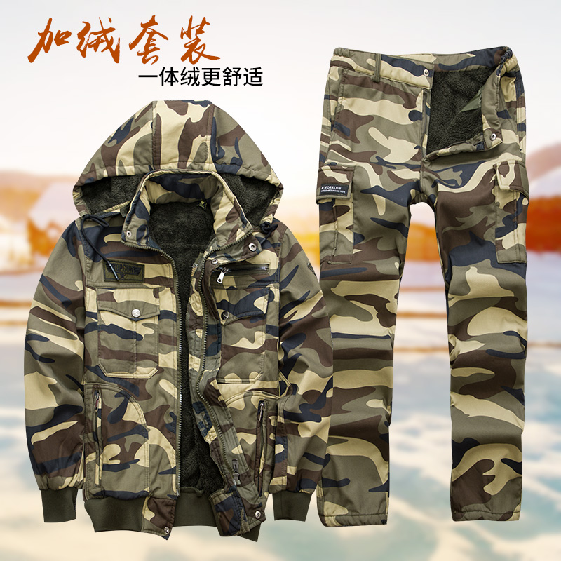 New plus velvet camouflate suit winter thickened warm wear and hard labor conserved combat training clothes pure cotton electro-welded anti-scalding work clothes