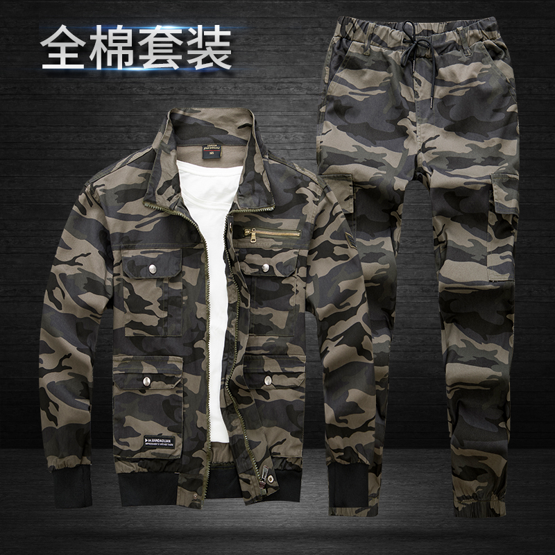 Pure cotton abrasion resistant work clothes male anti-scalding workwear elastic combat training clothes casual labor conserved tooling camouflamed suit