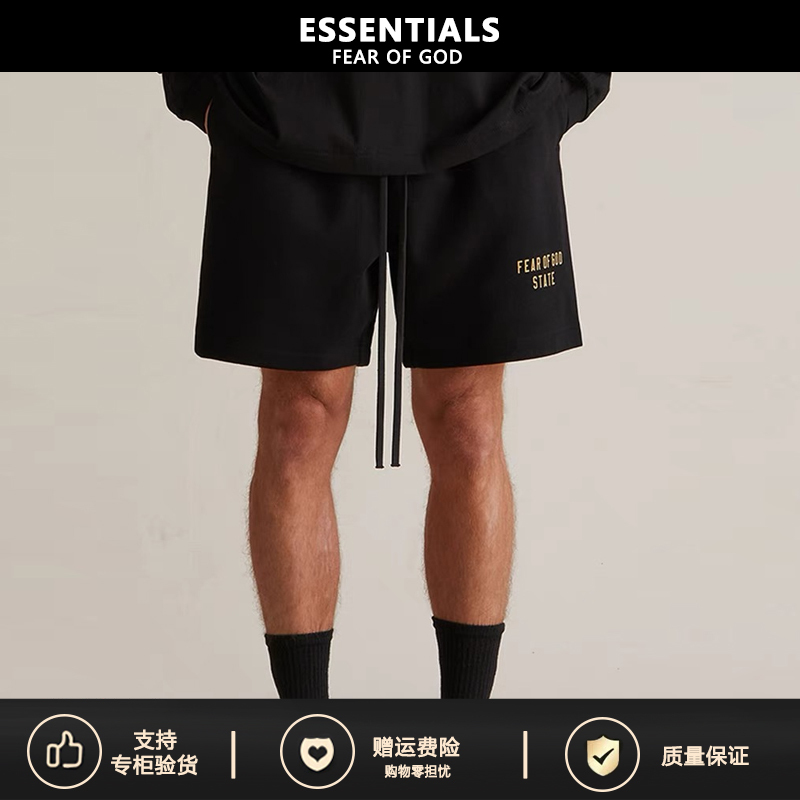 【Supports Inspection】5Zhe Fog Ess Shorts with Fleece Lining, Letter Print, Drawstring, Five-Point Length Shorts Essentials