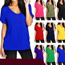 Loose large size V-neck solid color short-sleeved ladies T