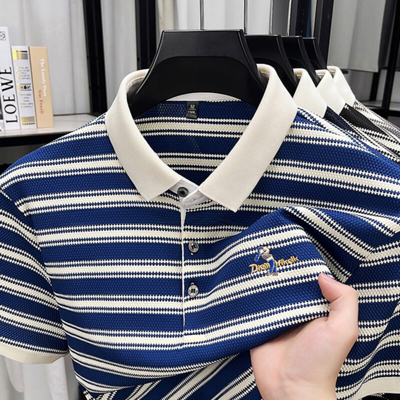 Hong Kong Paul Polo Shirt Ice Silk Men's Short-Sleeved Summer New Casual Striped Men's Clothing Dad's Clothing Business T-Shirt Hong Kong Paul Polo Shirt Ice Silk Men's Short-Sleeved Summer New Casual Striped Men's Clothing Dad's Clothing Business T-Shirt