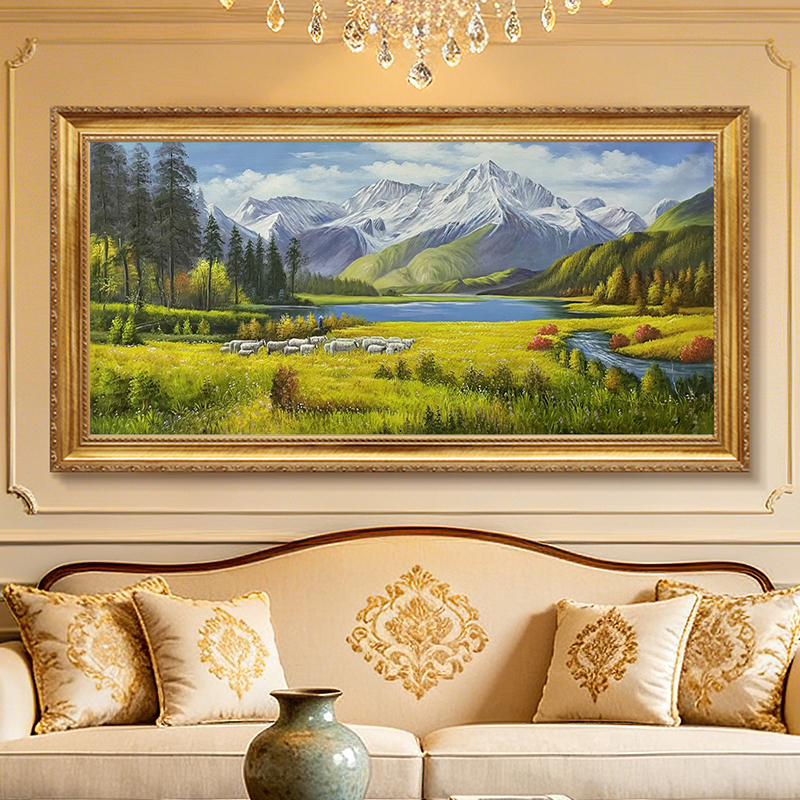 Hand-Painted Realistic Landscape Oil Painting, Treasure Trove of Natural Scenery, Decorative Painting for Living Room and Office, Hanging Painting of Snow-Capped Mountains, Grassland, and Sheep