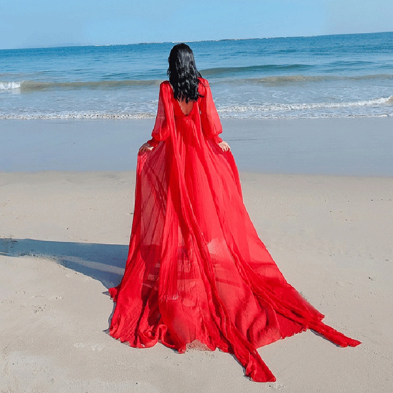 Sanya Qinghai Lake Beach Dress, Super Fairy-Like Seaside Vacation Dress, Red Long Dress with a Large Train, Desert Long Dress with an Open Back for Photos