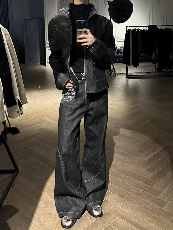 Pre “Snake Print” A-Line Fit Raw Denim Narrow Selvedge Laser Burn Jacquard Patchwork Straight-Leg Jeans