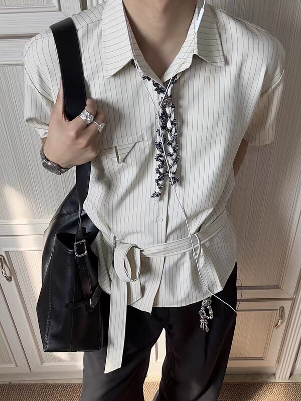 Pre High-Intelligence Drape Anti-Wrinkle Striped Tie Short-Sleeve Shirt Cleanfit Ribbon Shirt Old Money Style Top