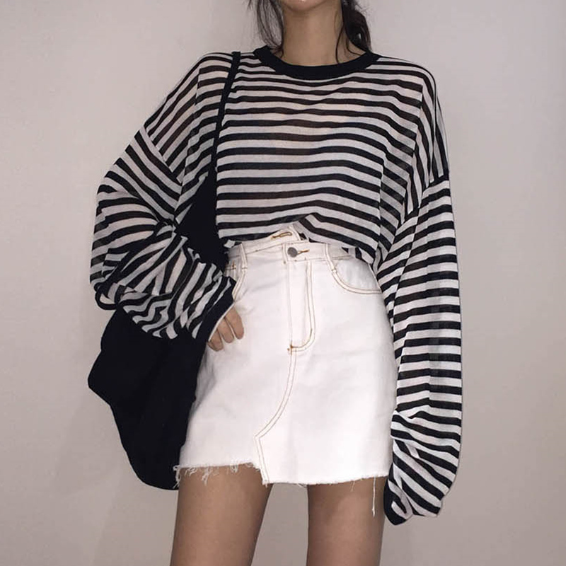 BF·çoversized³¬±¡ã¼ÀÁ¿íËɰٴîºÚ°×ÌõÎÆTÐôÅ®³¤ÐäÏļ¾Ì×Í··ÀɹÒÂ