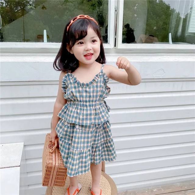 Female treasure 2023 summer new Korean style plaid camisole skirt two-piece set little girl skirt suit foreign style