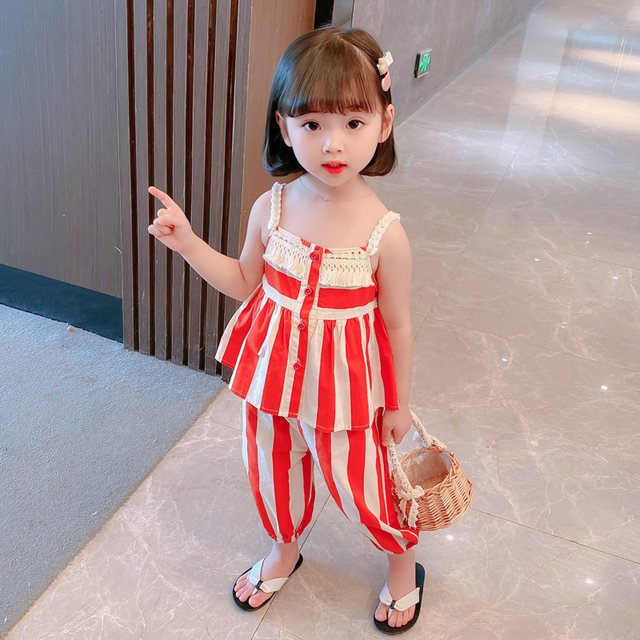 Girls summer suit 2021 new net red baby summer dress foreign style children's clothes children's suspenders two-piece set trendy