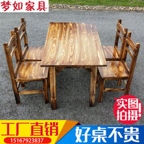 Carbonated Solid Wood Table And Chairs Small Eating Shop Restaurant Fast Food Table Barbecue Catering Large Row Stalls Hot Pot Hotel Table And Chairs Combination