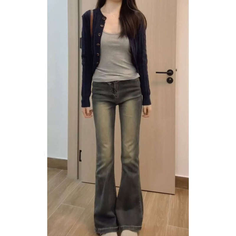 Han Tingl Retro High-Waisted Jeans for Women, Slightly Spicy New Style for Spring and Autumn, Slimming Design, Niche Flared Pants