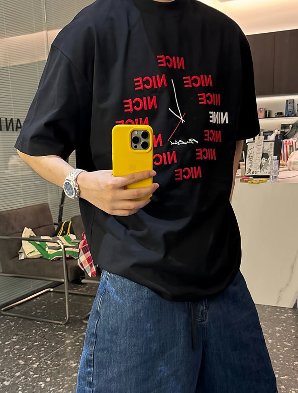 【Chen Fa Cai】Fa Cai New Simple Embroidered Letter Short-Sleeve T-Shirt, Unisex Couple Style with Small Neckline