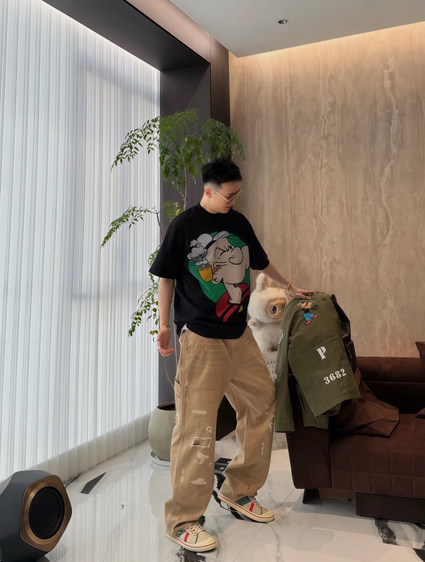 [Chen Fai Cai] Fa Cai New American Retro Style Popeye Washed Vintage Small Neckline Unisex T-Shirt