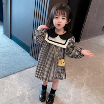 2022 Spring dress new girl plaid dress female baby bangs long-sleeved princess skirt child navy collar skirt