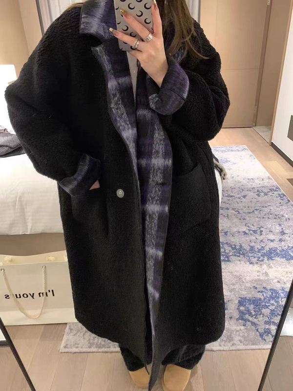 Winter Korean Style Loose Plaid Thickeneded Lamb Woolen Outwear for Women Reversible Long Outwear for Small People