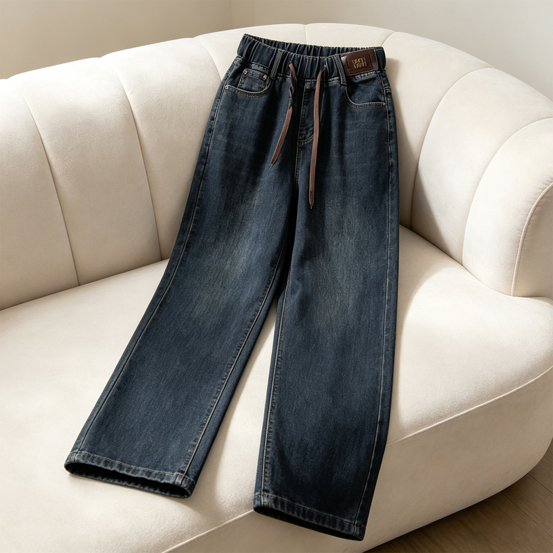 Elastic Waist Straight-Leg Jeans for Women, 2026 Autumn and Winter New Style, Fleece-Lined, Thickened, High-Waisted, Plus-Size, Cropped Wide-Leg Pants Elastic Waist Straight-Leg Jeans for Women, 2026 Autumn and Winter New Style, Fleece-Lined, Thickened, High-Waisted, Plus-Size, Cropped Wide-Leg Pants