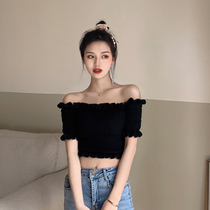 Sexy tight black shoulder short top 2021 new womens knitted short sleeve strapless high waist T-shirt summer
