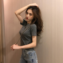 Gray T-shirt women short sleeve 2021 new summer tight base shirt body shirt slim short solid color top tide