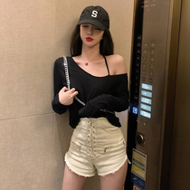 Black one-collar slanted shoulder shirt female summer long sleeve design sense niche sexy loose strapless sunscreen T-shirt thin