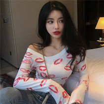 European and American tight one-shoulder top Womens summer sexy leaky oblique shoulder strapless long-sleeved T-shirt Slim-fit base shirt