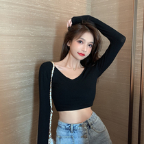Sexy tight leaky navel black base shirt womens summer with long-sleeved umbilical high-waisted t-shirt v-neck short top