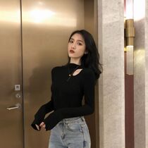 Sexy semi-turtleneck black base shirt womens summer style with slim long-sleeved T-shirt wild tight top tide