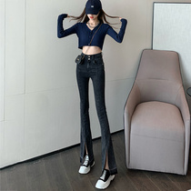 Black gray high-waisted jeans womens summer 2021 new thin skinny trousers split micro flared pants tide